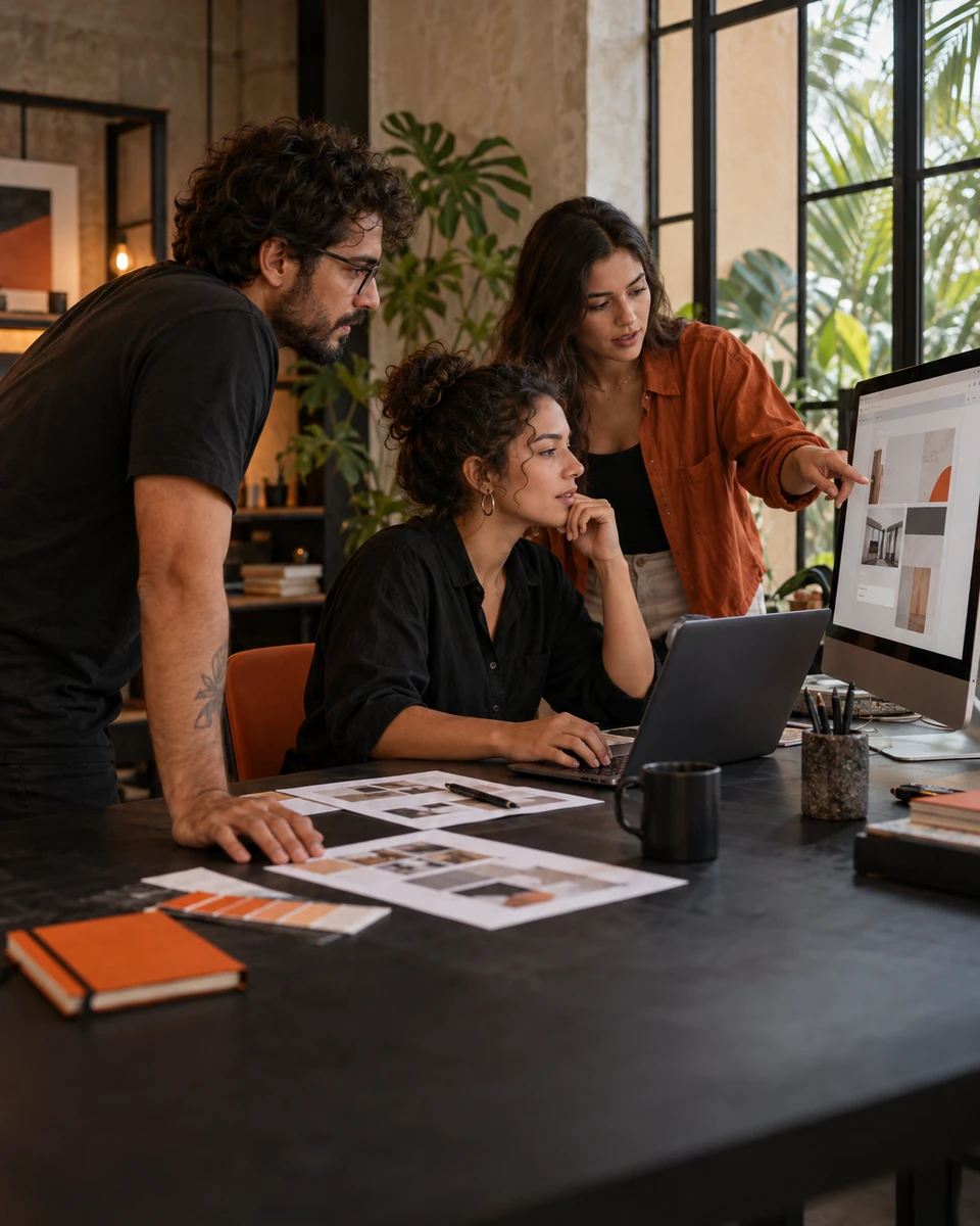 Profissionais colaborando no planejamento e no design de um site em um estúdio criativo.