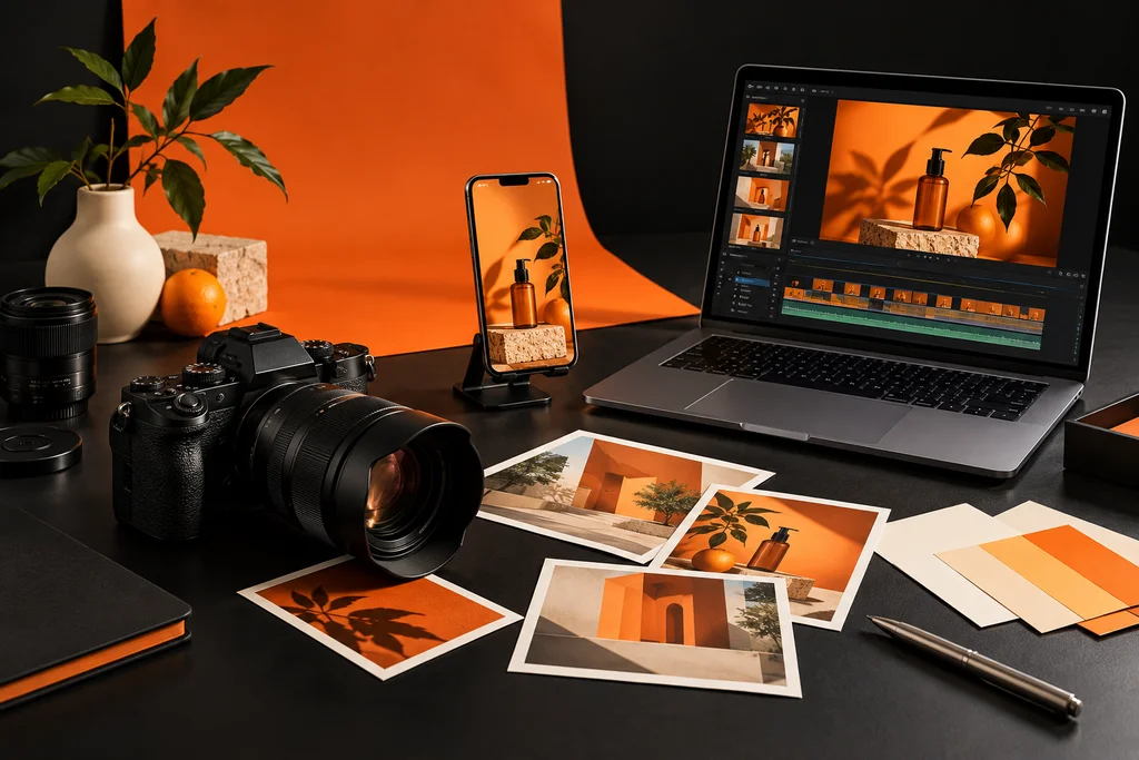 Câmera, storyboard, celular e notebook com uma campanha em edição, em um estúdio conceitual.